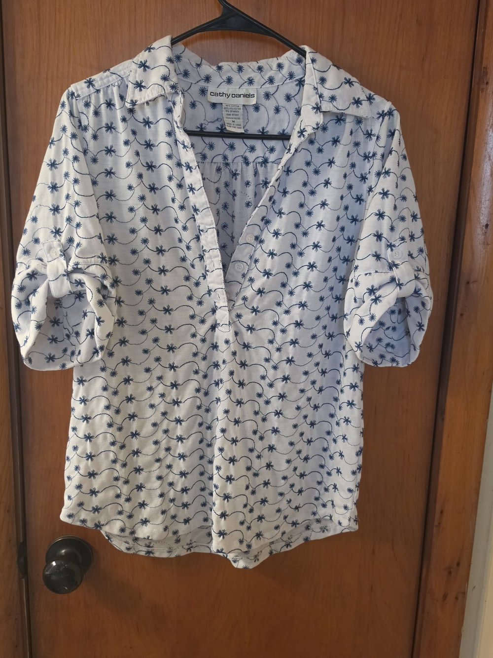 Cathy Daniels White Button-Front Shirt with Navy Palm Print